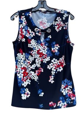 Tommy Hilfiger Floral Sleeveless Top Navy Red White Grommet Neck Stretch Tank